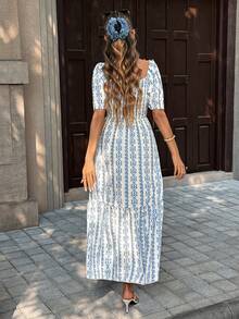 Pariaura Women's Casual All-Over Print Square Neck Dress - Blue and White - View 2