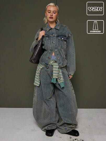 COUREZ Oversized Denim Jacket In Medium Blue Wash /Y2K Spring Clothes For Women Going Out Outfits Summer Outfits For Women Streetwear Jackets For Women Jean Jacket