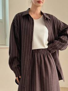 DAZY Women's Loose Fit Drop Shoulder Long Sleeve Striped Blazer Suit Set - Brown - View 7