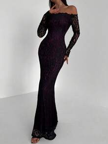 Aloruh Đầm bodycon dài tay dáng đuôi cá gợi cảm, trễ vai, ren, thích hợp cho tiệc cocktail và hẹn hò ngày Valentine. - Màu tím - Xem 4