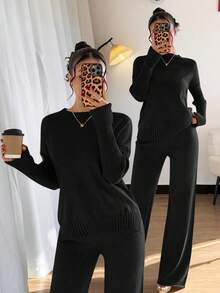 Firerie 女士黑色休闲纯色罗纹圆领长袖毛衣和超长裤套装 - 黑色 - 查看 8