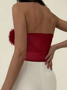 Aloruh 3D Floral Trim Fitted Bandeau Top For Women - Red - View 2