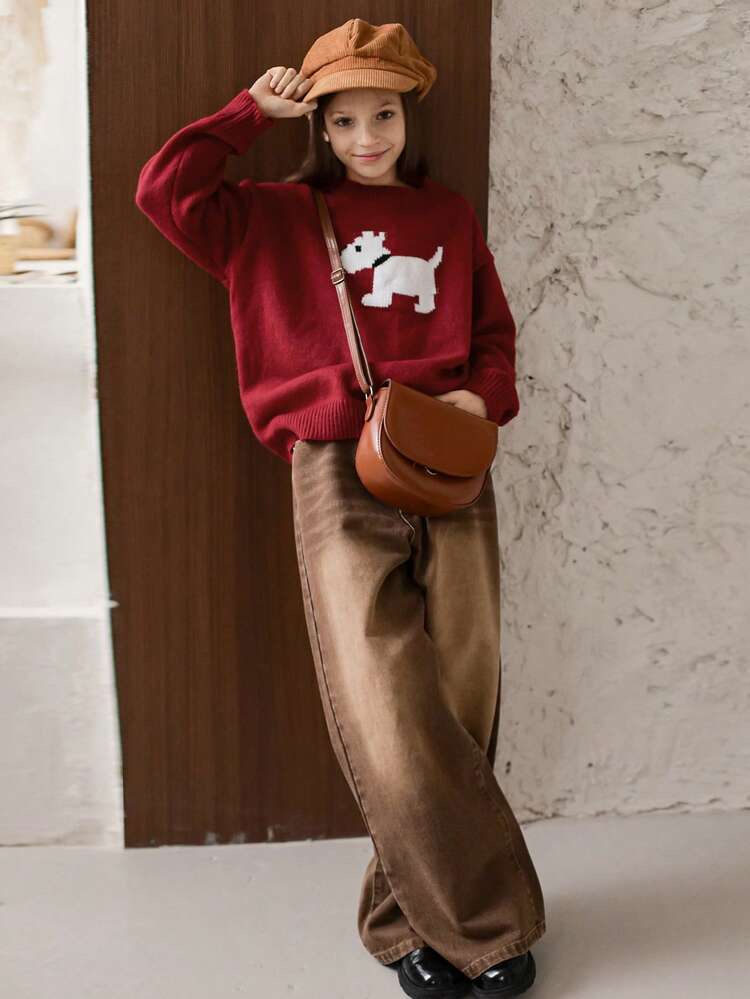 Tween Girls' Round Neck Loose Bowknot Pattern Sweater, Fall Spring