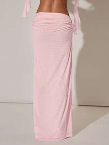 SHEIN BAE 女士休闲度假褶皱腰带系带半身裙，优雅粉色网纱半身裙，飘逸长裙，适合休闲度假、海滩、旅行、派对、聚会等场合。 - 淺粉色 - 查看 2