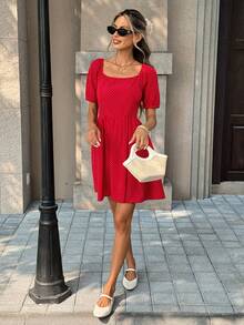 Pariaura 女士波点印花简约日常露肩连衣裙 - 紅色 - 查看 3