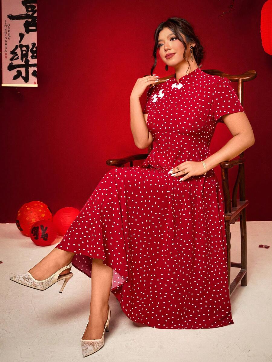 Elenzga Đầm chấm bi cỡ lớn, cài cúc phía trước, thích hợp cho Ngày Valentine. - Đỏ và trắng - Xem 1