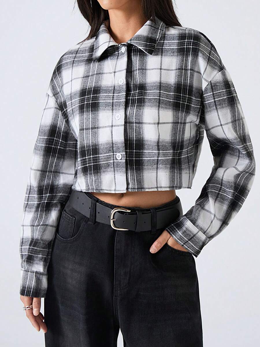 SHEIN EZwear 女士春秋落肩长袖方形短款格子衬衫 - 黑與白 - 查看 1