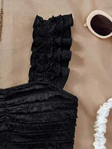 SHEIN TEENGIRL Summer White Vacation Cap Sleeve Lace Blouse, Textured Fitted Lace Top, Suitable For Afternoon Tea, Beach Vacation - Black - View 4