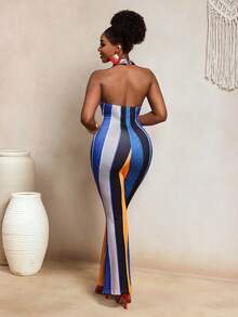 SHEIN BamGlam Women Sexy Contrasting Flare Leg Jumpsuit - Blue - View 2