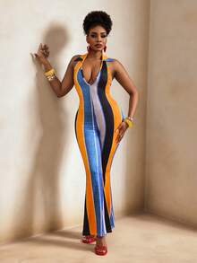 SHEIN BamGlam Women Sexy Contrasting Flare Leg Jumpsuit - Blue - View 7