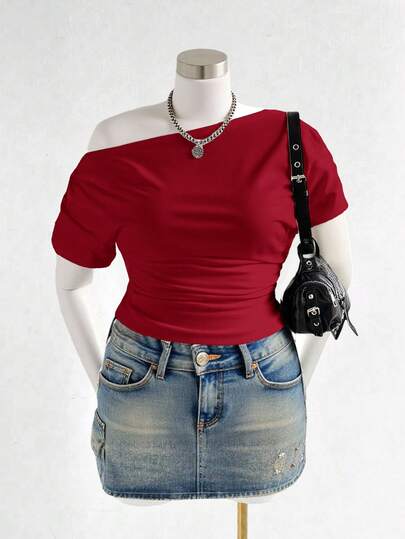 SHEIN MOD 大码女式针织提花黑白条纹斜肩上衣，黑白条纹，罗纹，腰部褶皱，侧袖褶皱，休闲夏季T恤，女式夏季衬衫