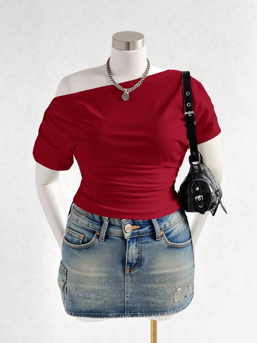 SHEIN MOD 大码女式针织提花黑白条纹斜肩上衣,黑白条纹,罗纹,腰部褶皱,侧袖褶皱,休闲夏季T恤,女式夏季衬衫 - 紅色 - 查看 1