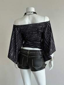 EgrlEra 女士黑色印花露肩休闲修身T恤，百搭 - 黑色 - 查看 2