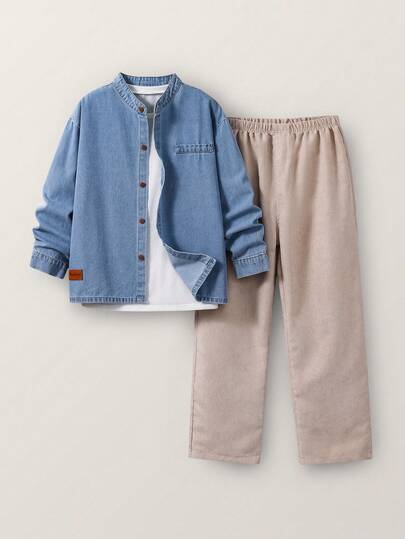 SHEIN 2pcs Kids Tween Boy Casual Denim Jacket, Denim Shirt, And Corduroy Pants Set, Suitable For School, Garden, Beach, Birthday, Spring, Summer, Autumn, Winter