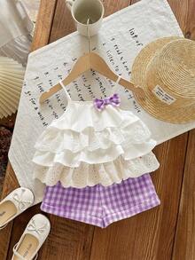 Conjunto de top de tirantes con volantes y shorts a cuadros para niña, estilo lindo y de vacaciones de verano - Morado - Ver 5
