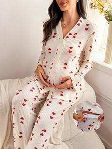Moonlight&Mama 2pcs Casual Heart Print Maternity Pajama Set With Snap Button, Long Sleeve Top And Long Pants - Apricot - View 1