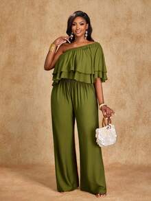 Brilight 女士优雅休闲棉麻两件套 - 蛋糕式双层荷叶边上衣和阔腿裤 - 日常穿着、休闲穿着、夏季度假、音乐节、假日套装、春夏女装 - 綠色 - 查看 6