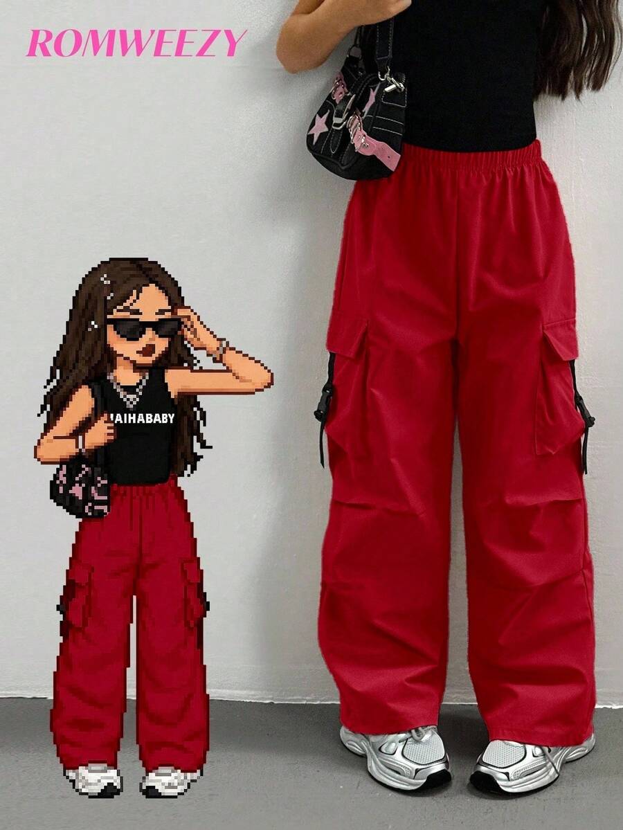 Sparklyn 少女时尚实用工装裤 - 紅色 - 查看 1