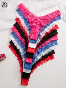 SHEIN 10pcs/Pack Women's Lace Thong Panties, Elegant & Comfortable Underwear - Multicolor - View 3