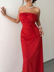 Rafferiza 女士长款无肩带连衣裙，正面饰有荷叶边，侧边有褶裥，适合日常通勤、优雅派对、情人节、情侣约会、新年假期等场合。 - 紅色 - 查看 5