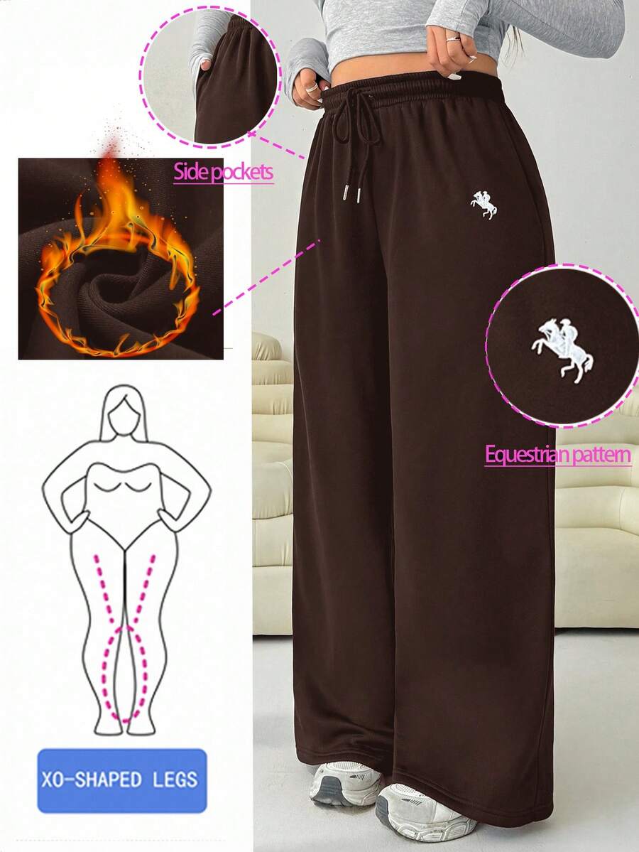 Solflare Plus Size Women's Brown Knight Pattern Drawstring Waist Loose Casual Sweatpants - Brown - View 1