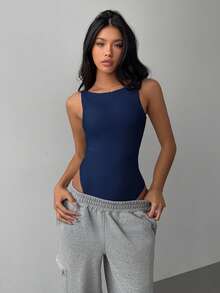 SHEIN BASICS Women's Casual Solid Color Backless Bodysuit Summer Clothes - Royal Blue - View 6