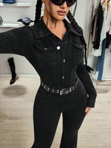 SHEIN Tall Women's Casual Versatile Elastic Flare Leg Denim Bib Overalls And Jumpsuit - Black - View 7