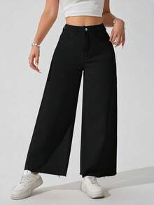SHEIN ICON Jeans rectos de talle elástico negro con dobladillo deshilachado para mujer de talla grande - Negro - Ver 5