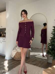 Firerie Women Elegant Burgundy 2pcs/Set Off-The-Shoulder Long Sleeve Front Love Button Closure Dress,Umbrella Skirt Red Knit Set,Autumn Brunch Party Dresses - Red Violet - View 3
