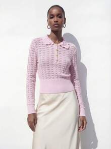 Maija Valentine's Day Pink Long Sleeve Semi-Sheer Crochet Knit Sweater Spring Women Holidays For Women - Pink - View 2