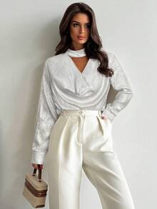 Firerie White,Autumn,Elegant,Office Women's Long Sleeve Blouse Vintage-Inspired Scarf Collar Poplin Top,Business Casual Chic Fitted Luxury Commuter Blouse - White - View 4