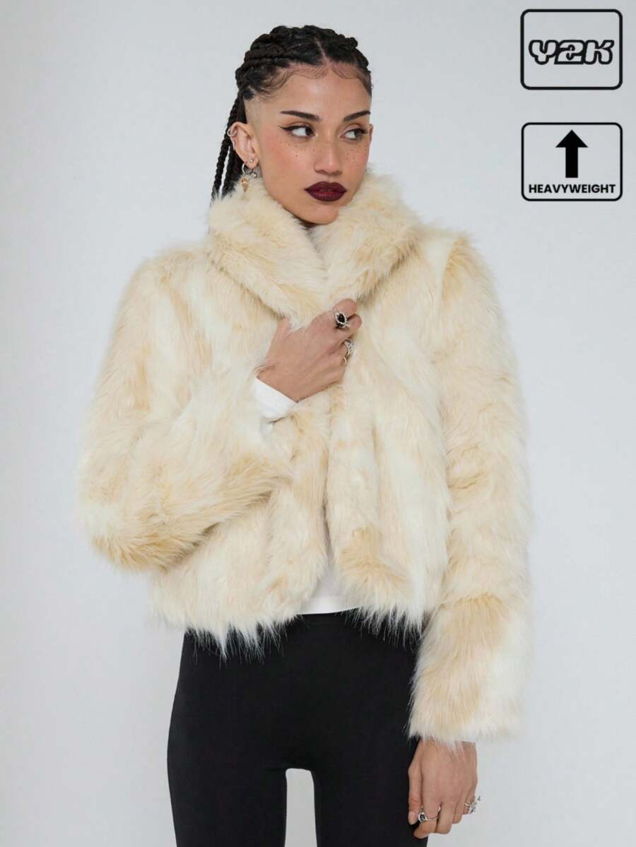 COUREZ 白色/Y2K风格仿皮草大衣，适合夜间外出、冬季派对等场合，优雅百搭。 - 杏色 - 查看 1