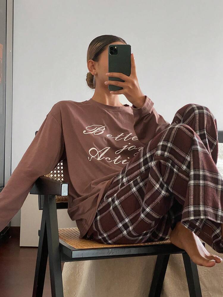 2pcs Women Graphic Print Loose Long Sleeve Pajama Set - Shirt And Plaid Pants