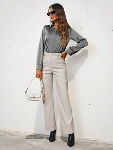 Aveloria Modichic Solid Color Button Down Long Sleeve Shirt Holiday Party Clothes Button Up Shirt Women  - Grey - View 3
