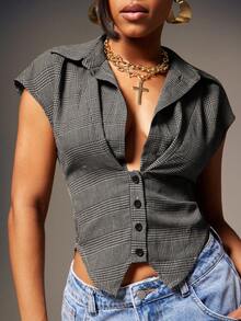 Denimoi Cinched Waist Low Neck Collared Houndstooth Print Top Fashionable Sexy Tops - Black and White - View 2