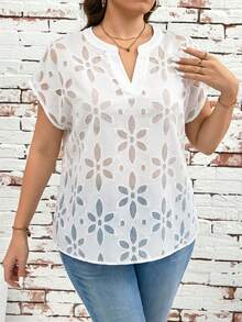 SHEIN Clasi 大码V领透视纯色优雅短袖衬衫 - 白色 - 查看 5