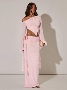 SHEIN BAE 女士休闲度假褶皱腰带系带半身裙，优雅粉色网纱半身裙，飘逸长裙，适合休闲度假、海滩、旅行、派对、聚会等场合。 - 淺粉色 - 查看 3