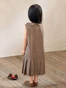 SHEIN Young Girl Girls Casual Comfortable Pleated Hem Solid Color Woven Dress - Brown - View 2