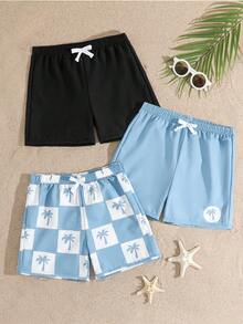 Young Boy 1pcs Solid Color Print Elastic Waist Bow Tie Decor Short Swim Trunks - Multicolor - View 5