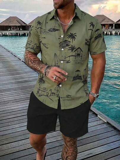 Manfinity Swimmode Conjunto de camisa de manga corta y pantalones cortos con estampado de casa de vacaciones para hombre