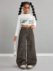 SHEIN 少女豹纹直筒宽松阔腿卡其色牛仔裤 - 彩色 - 查看 6