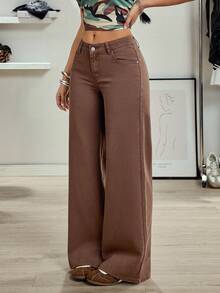 SHEIN Tall Jeans de pierna recta y ancha de uso casual y versátil para mujer - Marrón - Ver 4