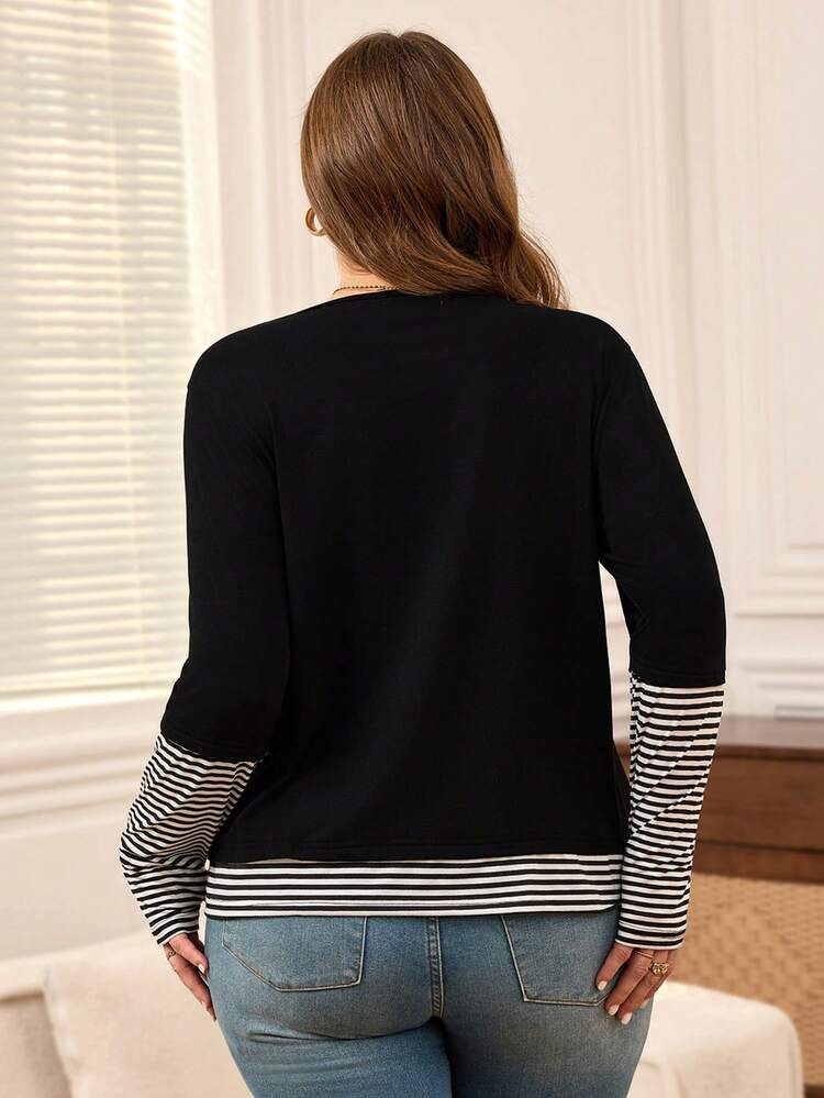 Plus Size Women Solid Colored Stripe Patchwork Crew Neck Loose Casual Long Sleeve T-Shirt,Fall Women Clothes