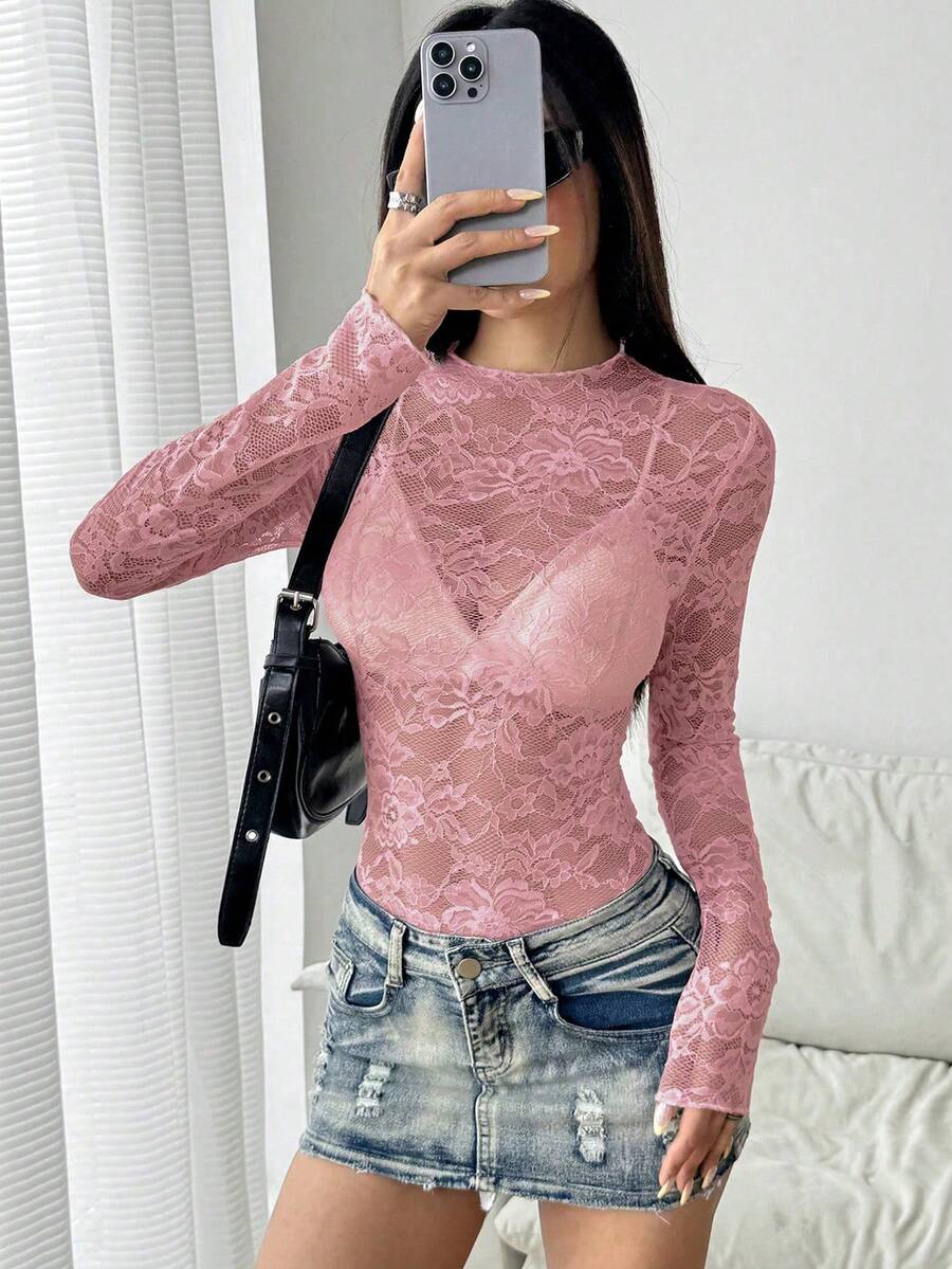 EgrlEra Tall 女士纯色蕾丝透视性感上衣 - 藕粉色 - 查看 1