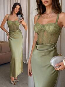 Aloruh 女士橄榄绿缎面蕾丝拼接连衣裙，派对礼服，约会礼服，秋冬款 - 橄欖綠 - 查看 9