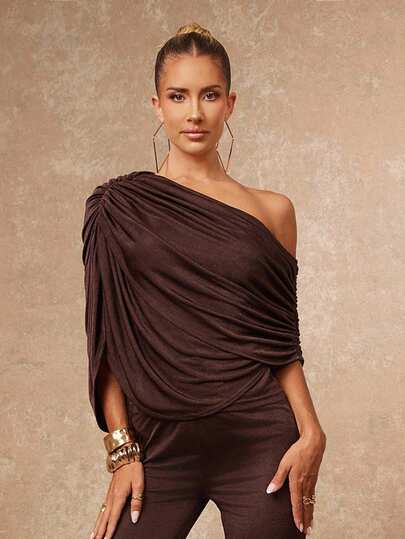 Lumalex Shiny Ruched Ruffle Collar Cinched Waist Flare Hem 2 Pieces Set For Women Luxury NewYearNewLook QuietLuxe Prom Gathering Party Banquet Modest Old Money Glitter Holiday Party Rave Festival Outing Vacation Hot Outdoor Richly Layered Wedding Season Banquet ID Al-Adha Al-Adha Party New Year Looks Of Party Party Dress For Early Spring Formal New Year's Eve Elegant Dresses For Party