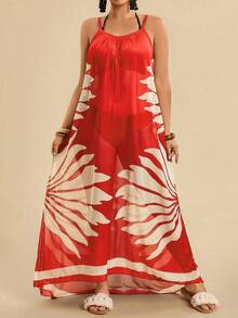 SHEIN TRVLCHIC Plus Size Casual Tropical Beach Vacation Loose Fit Sleeveless Print Long Coverup For Women - Red - View 6