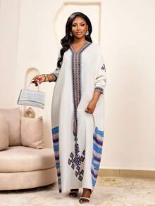 Brilight 女士优雅派对圣诞新年派对收腰长裙图案印花条纹元素优雅连衣裙 - 杏色 - 查看 1