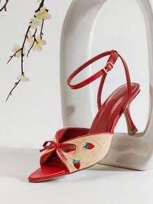SHUZIA Women's Almond Toe Strawberry Prints Ankle Strap Raffia Heeled Sandals Valentine's Day - Multicolor - View 3