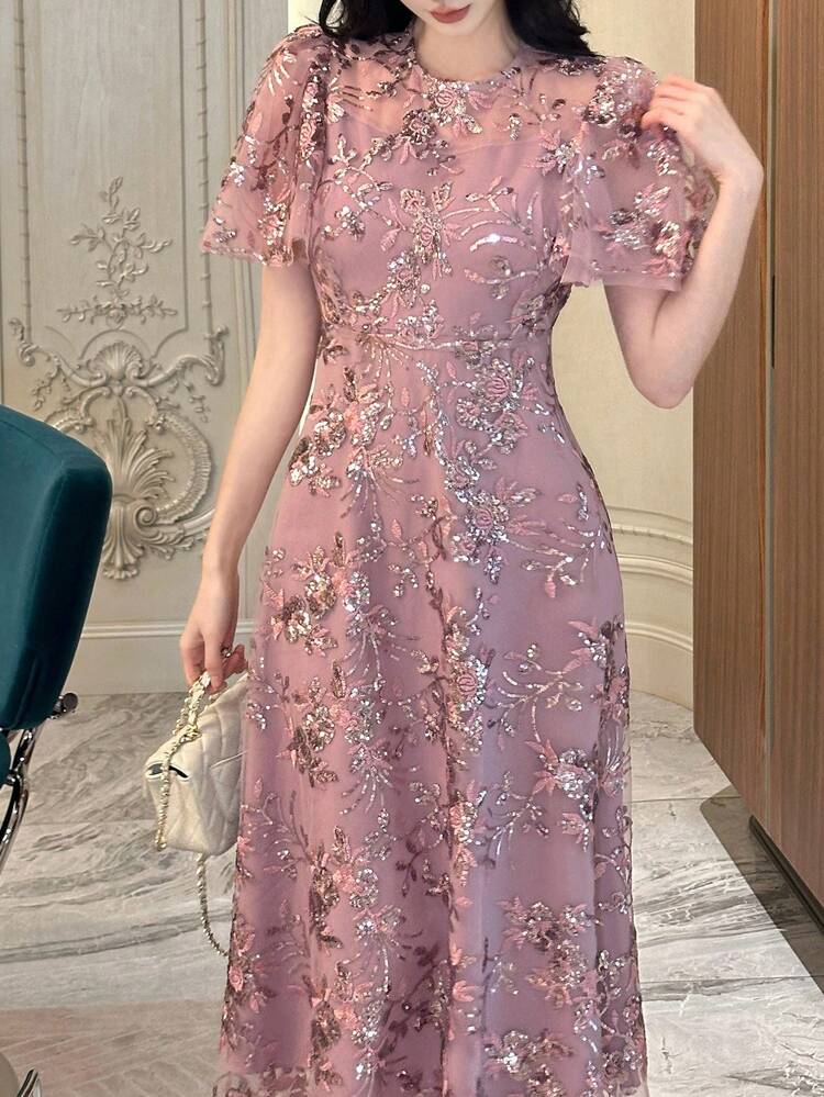 Women's Sequin Embellished Short Sleeve Dress Sundress Floral Dresses For Women